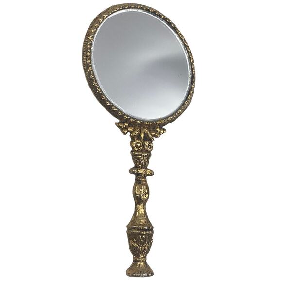 Antique Gilt Scrolled Roses Flapper Small Handheld Mirror Old Hollywood Art Deco - Picture 7 of 12